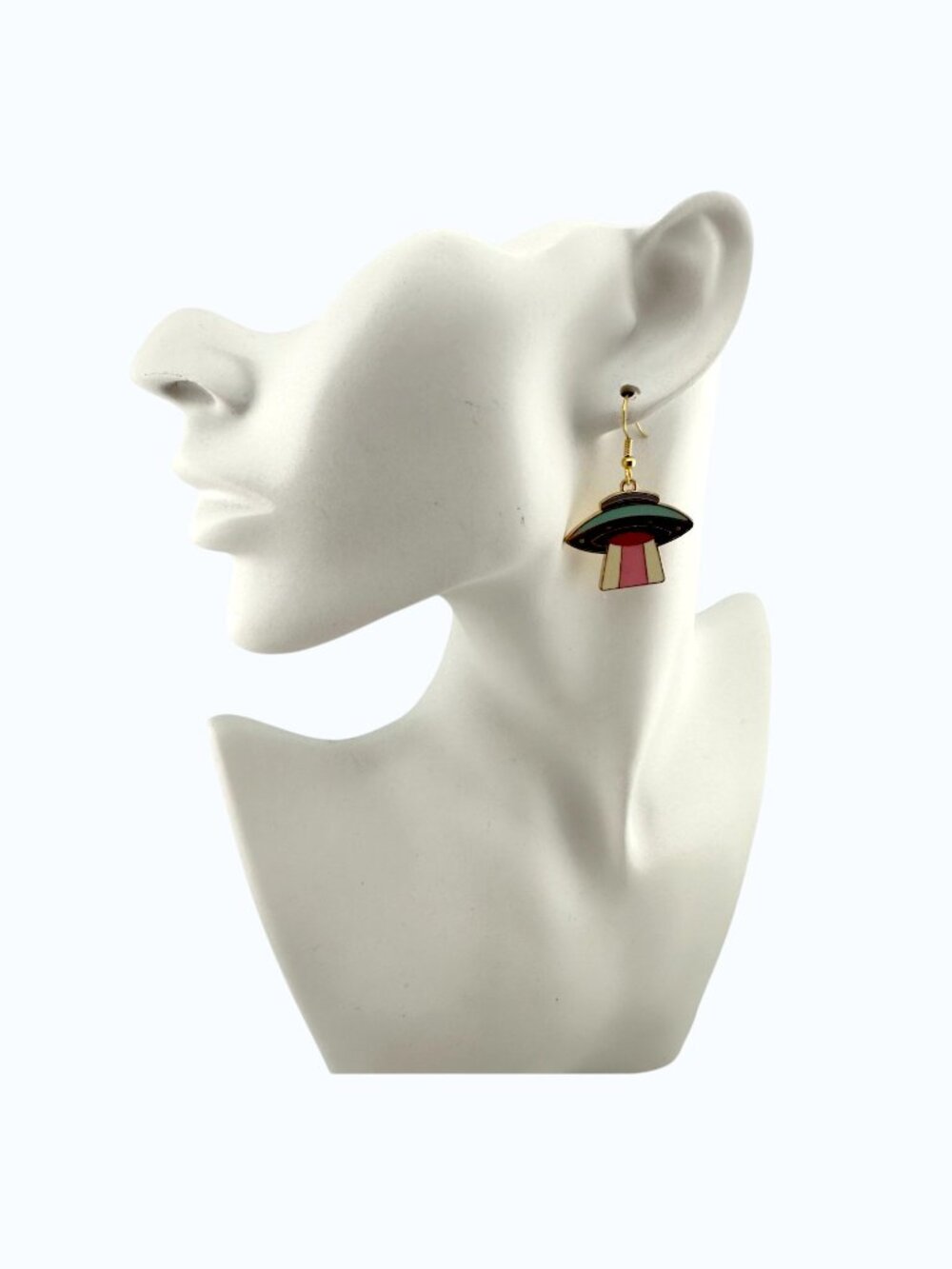 Retro UFO Spaceship Enamel Earrings Gold Plated Alien Sci Fi Dangle - Picture 5 of 9